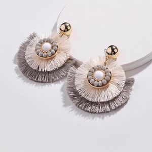 " TAUPE " Gold Fan Fringed Tassel Round Earrings